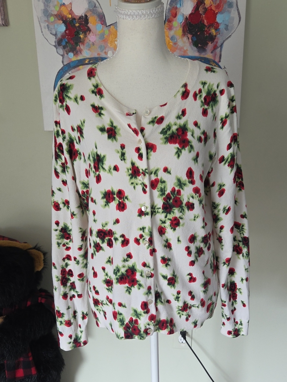 Talbots White Cardigan with Red Floral Print